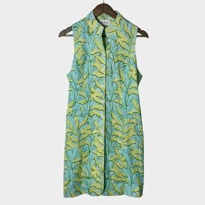 Holly Shae Aqua Green Leaf Print Cotton Blend Shirt Dress Size S NWT